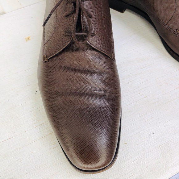Prada Saffiano Mens Derby Oxford Luxury Leather Brown Lace Ups Size 9.5 - Picture 8 of 15